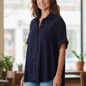 Lands' End Dark Navy Blue Eyelet Button Sweater
